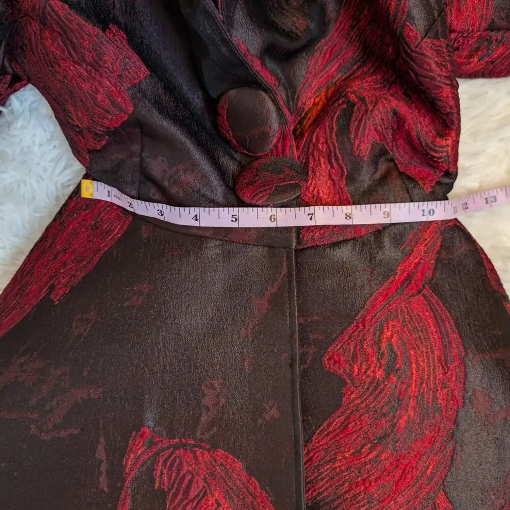 Vintage 80s Issabeau Girls Brocade Party Coat Dress Red Black Jacquard Fit Flare